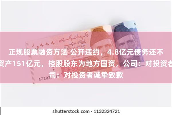 正规股票融资方法 公开违约，4.8亿元债务还不起了！总资产151亿元，控股股东为地方国资，公司：对投资者诚挚致歉